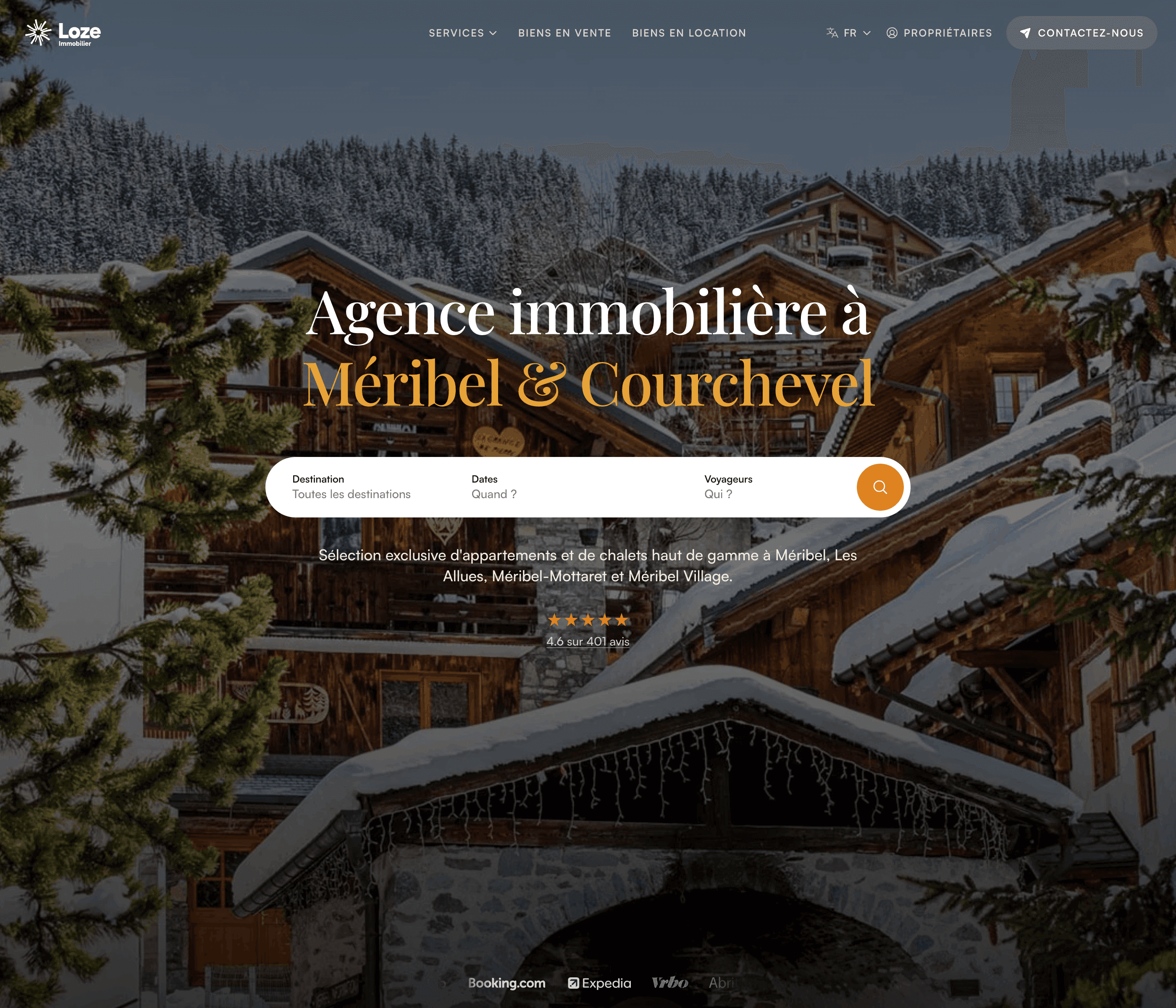 La page d'accueil de Loze Immobilier, sa photo de chalets sous la neige et sa barre de recherche