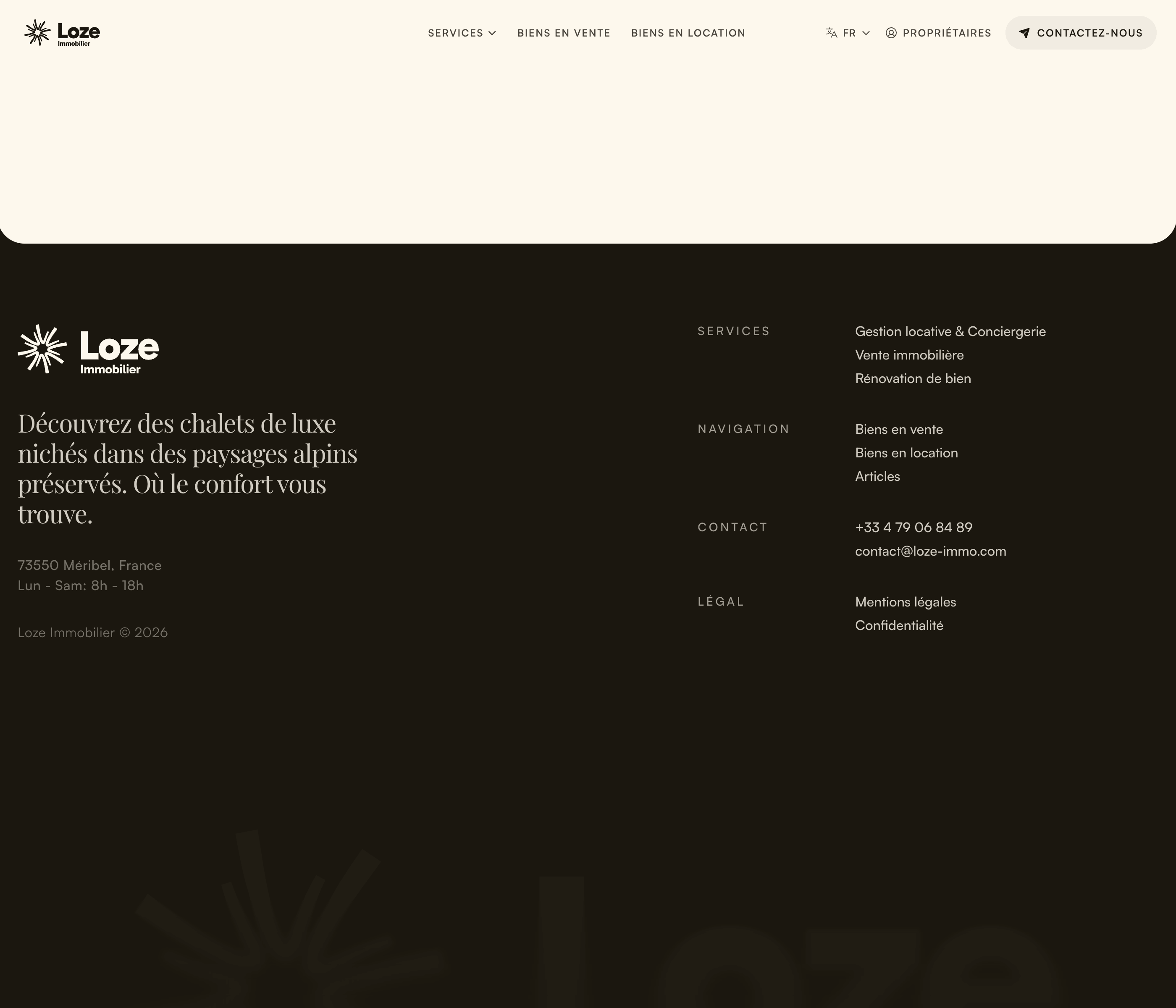 Le pied de page de Loze Immobilier, avec le logo en filigrane