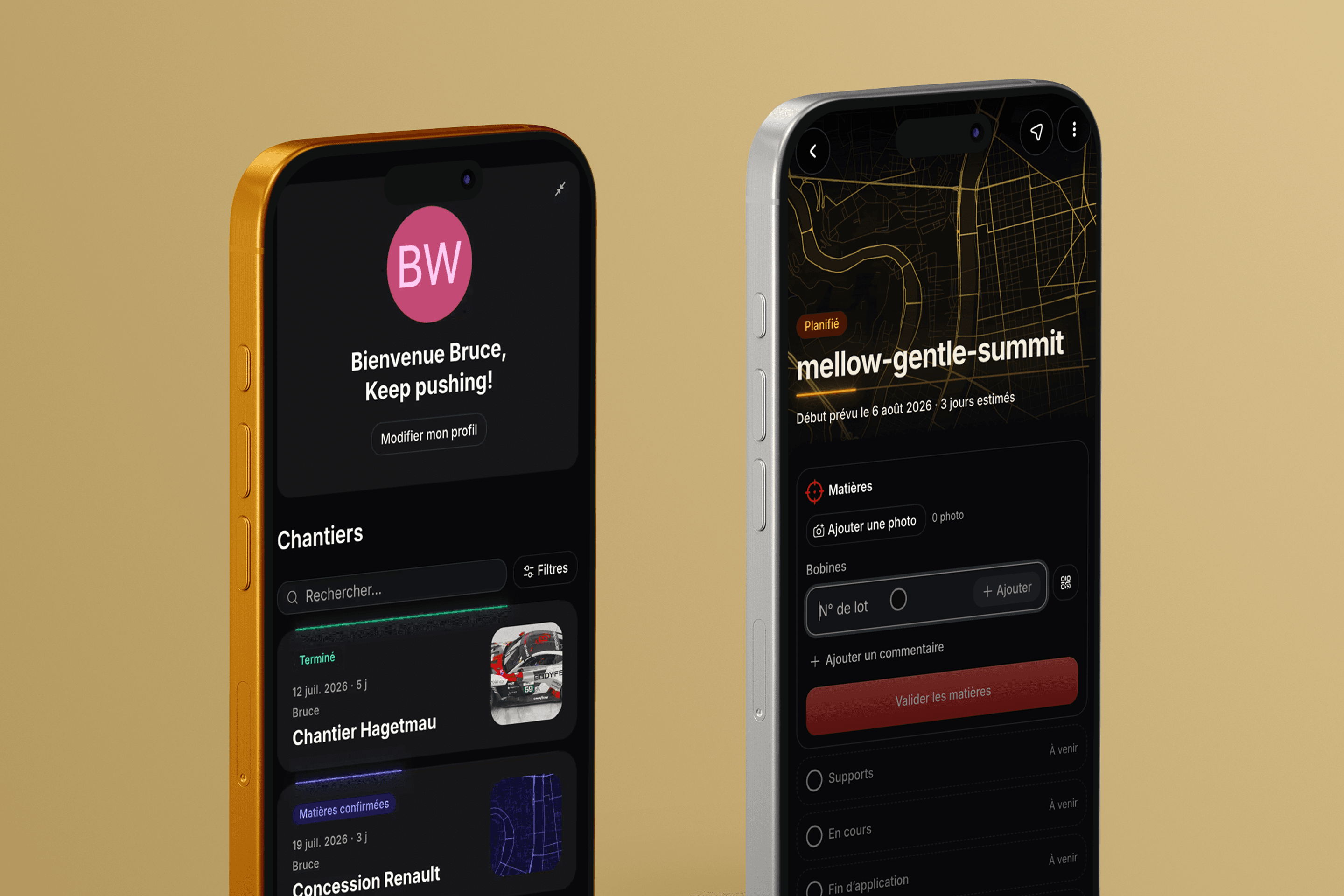 L'accueil et la fiche chantier de The Wrapp sur deux iPhone côte à côte