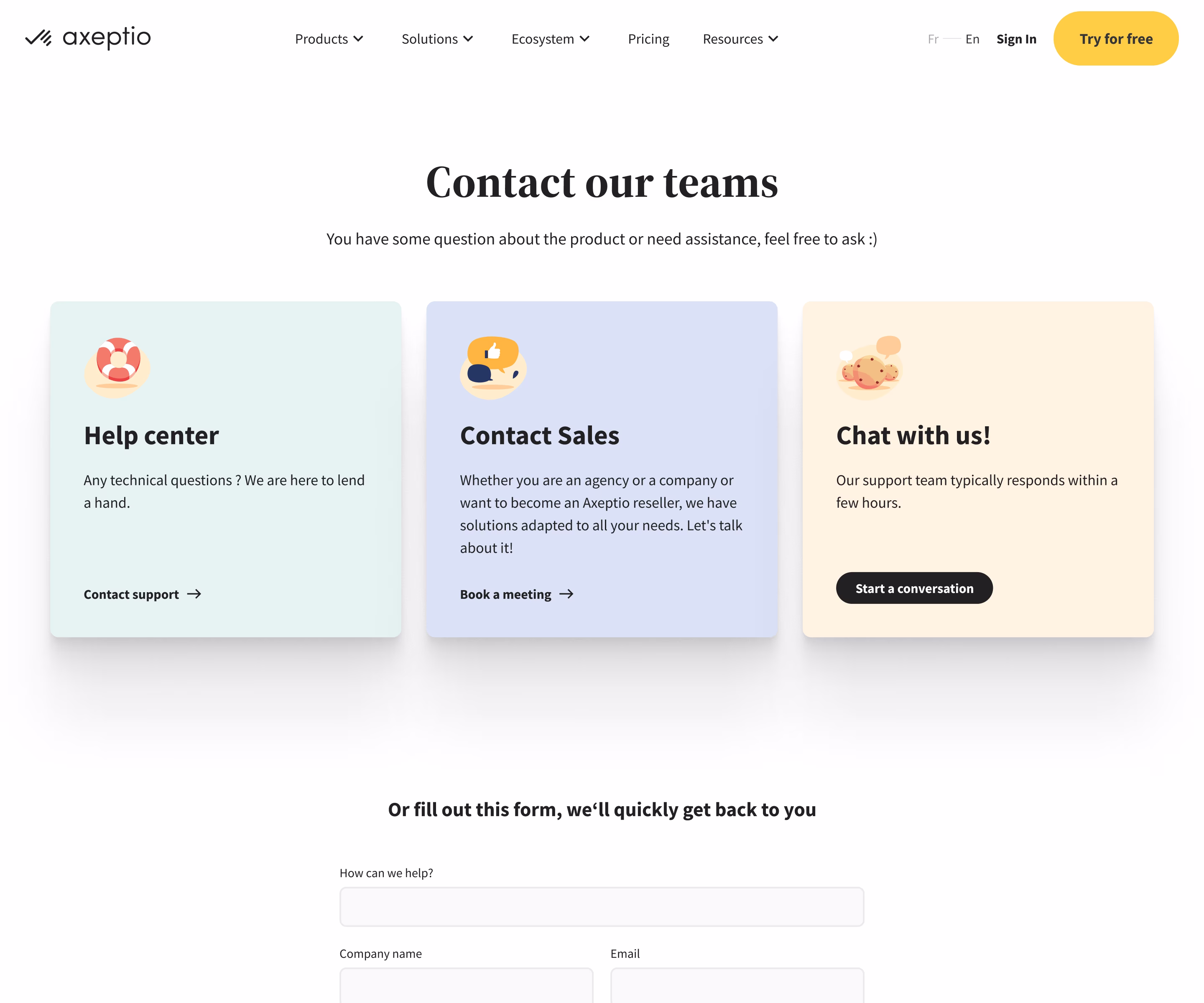 La page de contact d'Axeptio